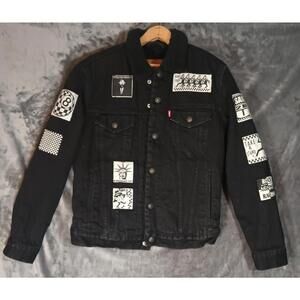 LEVIS Premium Big E Sherpa Trucker Rare Patch Battle Jacket Denim Black Mens S
